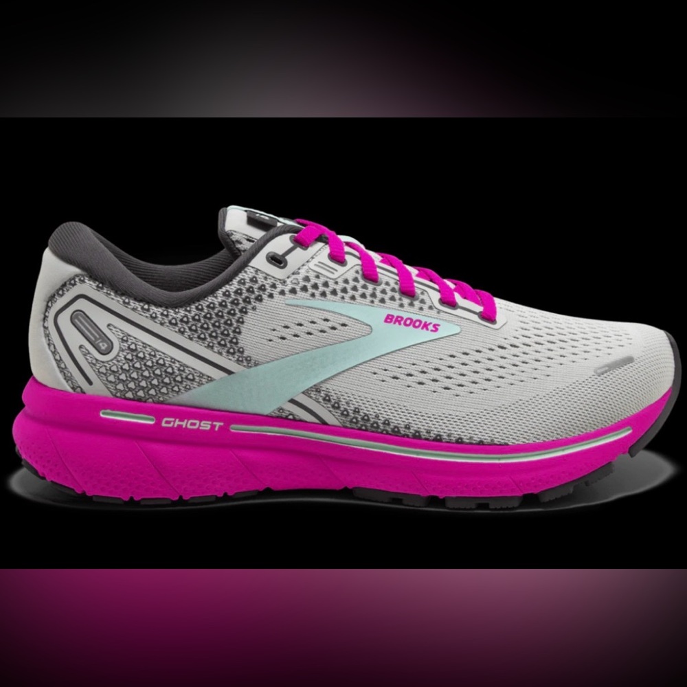 BROOKS Ghost 14 Running Shoe in Gray with Fuschia Pink and Aqua Accents Size 9.5